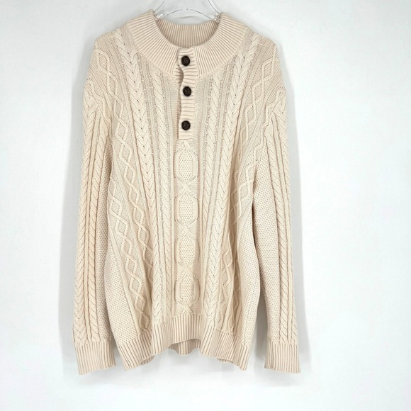 Vtg LL Bean Sweater Mens XXL Fisherman Cable Knit Mock Neck White Organic Henley - Picture 1 of 5